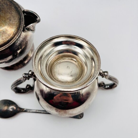 Vintage WM Rogers Silverplate Creamer Sugar Set Lid Spoon Ornate Handles Tarnish - Picture 9 of 11